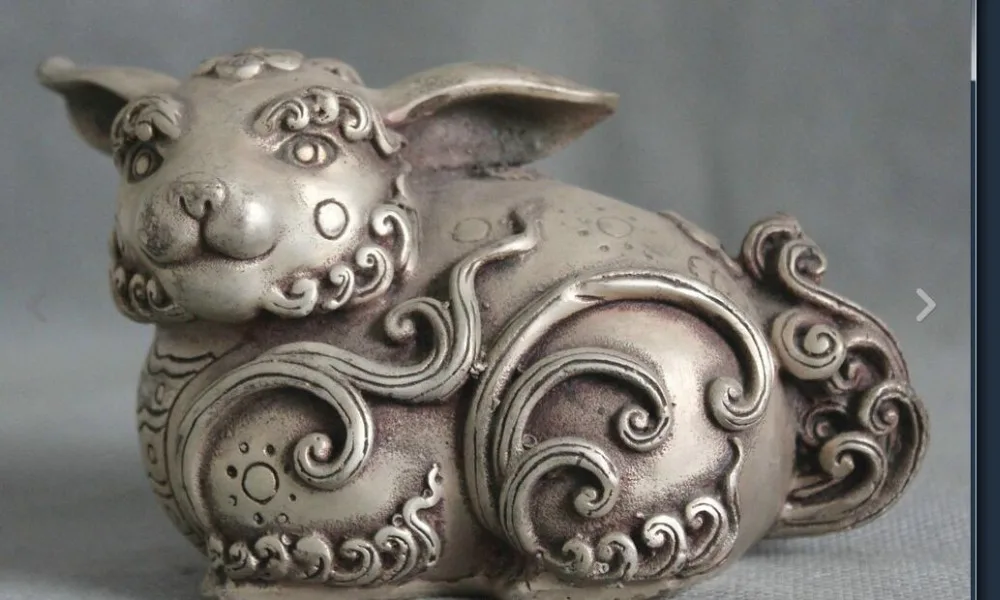 

67110333+++5" Chinese Feng Shui Silver Zodiac Year Rabbit Animal Collect Statue Sculpture