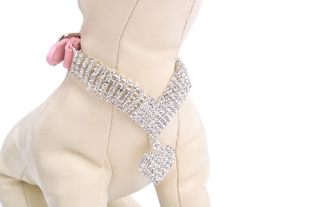 Fashion Rhinestone Halsband Puppy Kat Crystal Kragen Meisje Jeweled Ketting Hart Hanger Das