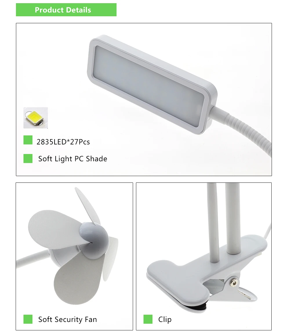 USB светодиодный настольная лампа с зажимом и небольшим вентилятором DC5V 5 режимов затемнения Гибкая кровать чтения книга Deak настольная лампа светильник