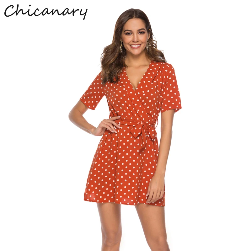 

Chicanary Streetwear Notched Sexy Polka Dot Orange Mini Dress Summer Women Short Sleeve Bodycon Beach Dress Elegant Party Dress