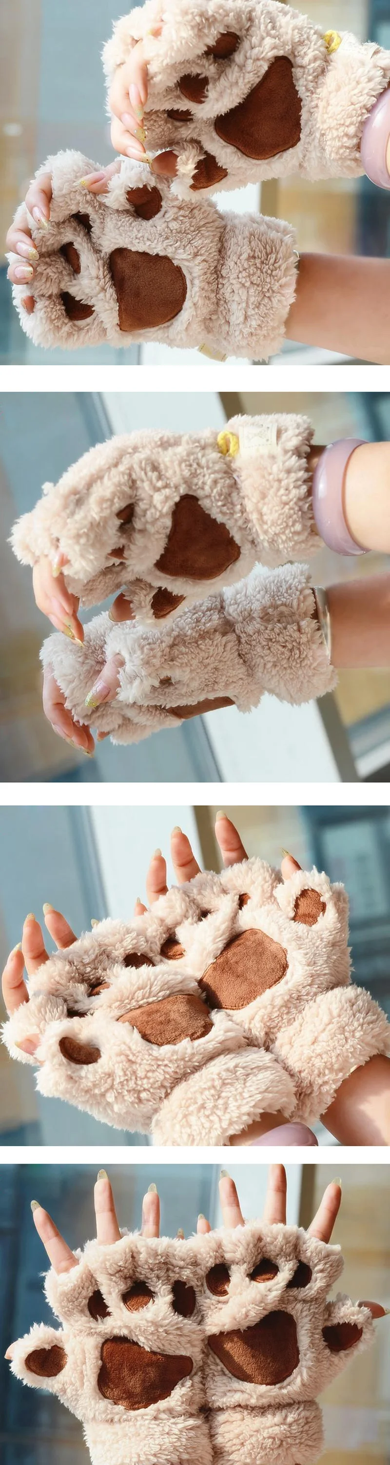 Winter cute cartoon cat girl mitt thickening fluff bear paw half finger gloves G22