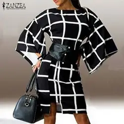 ZANZEA Для женщин 2019 осень элегантный плед вечерние платье женские, с расклешенным рукавом и круглым вырезом Повседневное свободные платья на