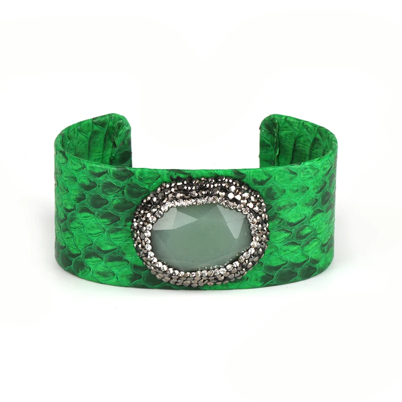 

New Arrival Black Green Dark Blue Gray Sneak Leather Pave Setting Rhinestone Adjustable Open Cuff Bangles for Women Jewelry Gift