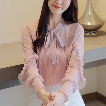 

2018 NEW Autumn pink women blouse Korean fashion clothing long-sleeved chiffon shirt slim women top blusas mujer de moda 1152 40