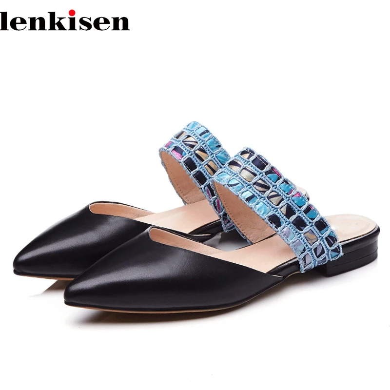 

Lenkisen 2018 summer new genuine leather thick low heels luxury pumps yellow black streetwear European crystal fashion shoes L28