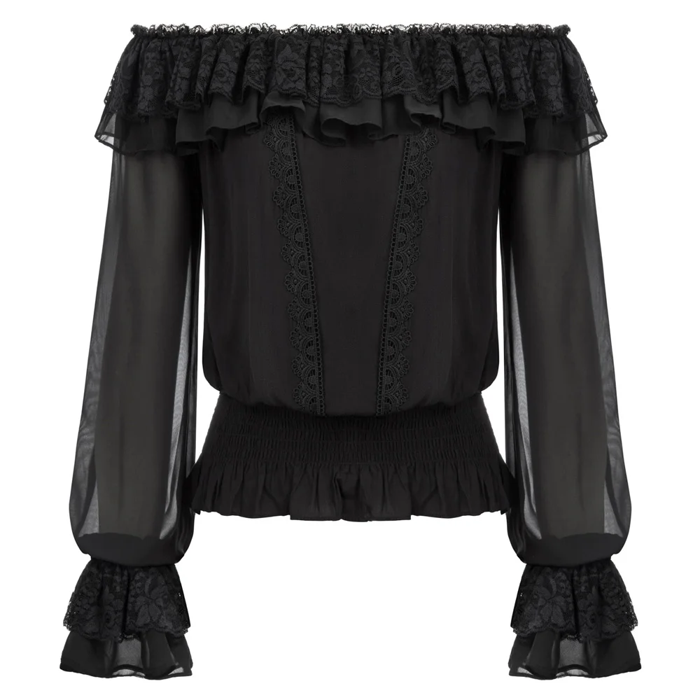 

black vintage shirt lady Spring summer Sexy Women Long Sleeve Off Shoulder Ruffles Decorated elastic Tops party gothic blouse