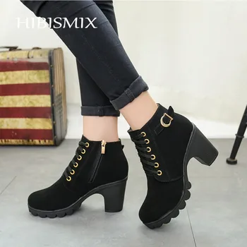 

HIBISMIX Women's High Heel Ankle Boots 2019 Ladies' Autumn Winter Lace Up Zip Platform Boots Fashion PU Leather Shoes 1133