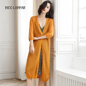 

Ice-silk Knit Women Cardigan Coat Summer Seven-point Sleeve Air Conditioning/Sunscreen Shirt Long Ladies Cardigans Shawl Clothes