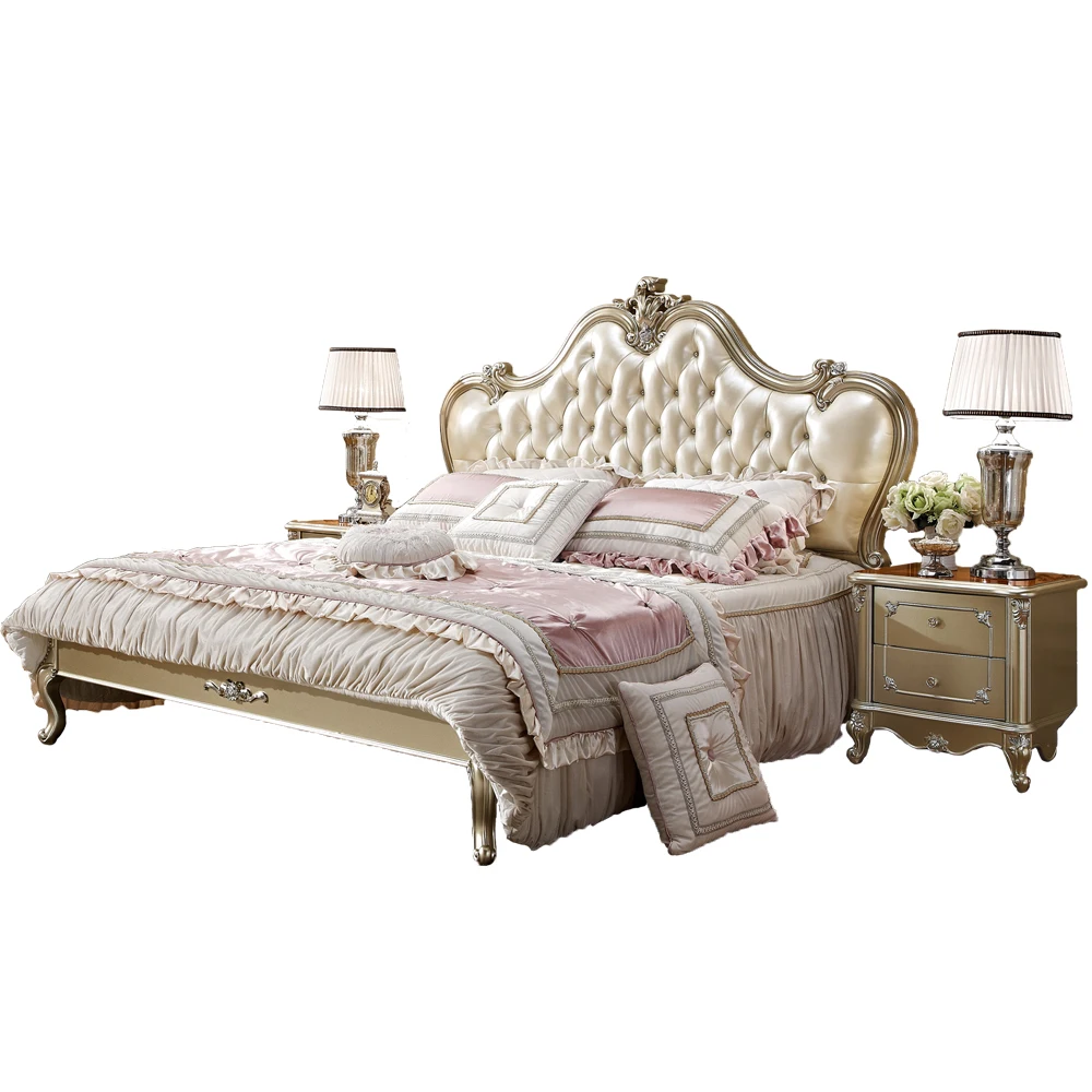 Мебель для вилл роскошный, классический в Королевском Стиле из кожи золотого цвета деревянная двуспальная кровать