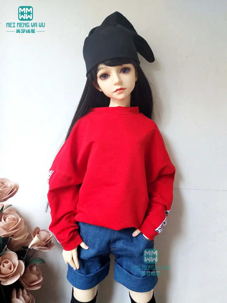 

Fits 1/3 60cm BJD SD doll clothes red casual sweatshirt and denim shorts