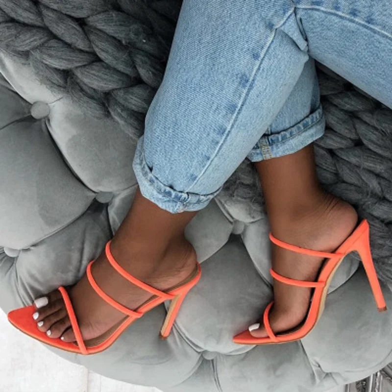 

2019 summer fluorescent pointed stiletto sandals large size suede pointed fish mouth high heels