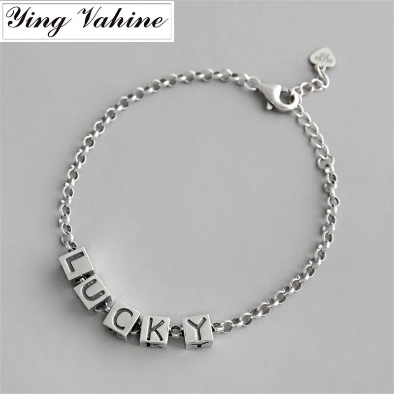 

ying Vahine Chain Bracelet Femme 100% 925 Sterling Silver Letters "Lucky" Charm Bracelets for Women