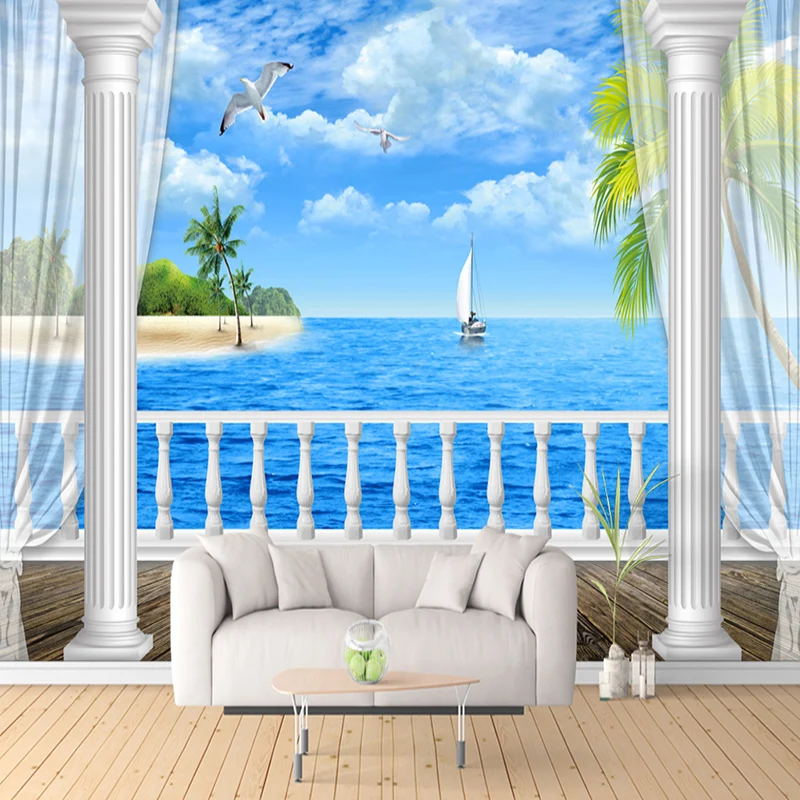 

Custom Mural Wallpaper 3D Seaside Landscape Balcony Photo Wall Mural Modern Fashion Living Room TV Sofa Background Wall Paper 3D