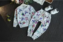 New Spring autumn children girl clothing set baby sports Graffiti Print costume kids Blouse+Pants clothing set 2 pcs suit