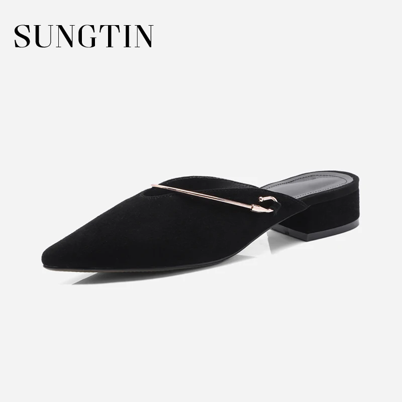 

Sungtin Women Mules Sexy Pointed Toe Chunky Heels Sandals Lady Slingbacks Suede Sandals Summer All Match Casual Shoes