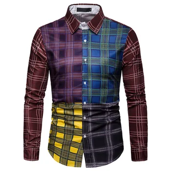 

2019 mens new Korean version of the trend of color Color collision Splicing shirt matching slim Fit plaid shirt men casual Top
