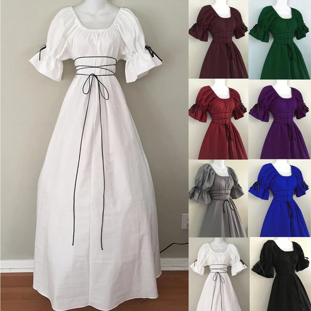 

Abito vintage medievale da donna Women's Vintage Solid Color Short Petal Sleeve Sashes O-Neck Medieval Dress Cosplay Dress #C