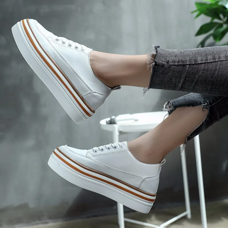 Women Platform Flats Lace-up Artificial Leather Casual Shoes Woman Autumn Spring Flat Creepers Round Toe White Black Shoes Size8