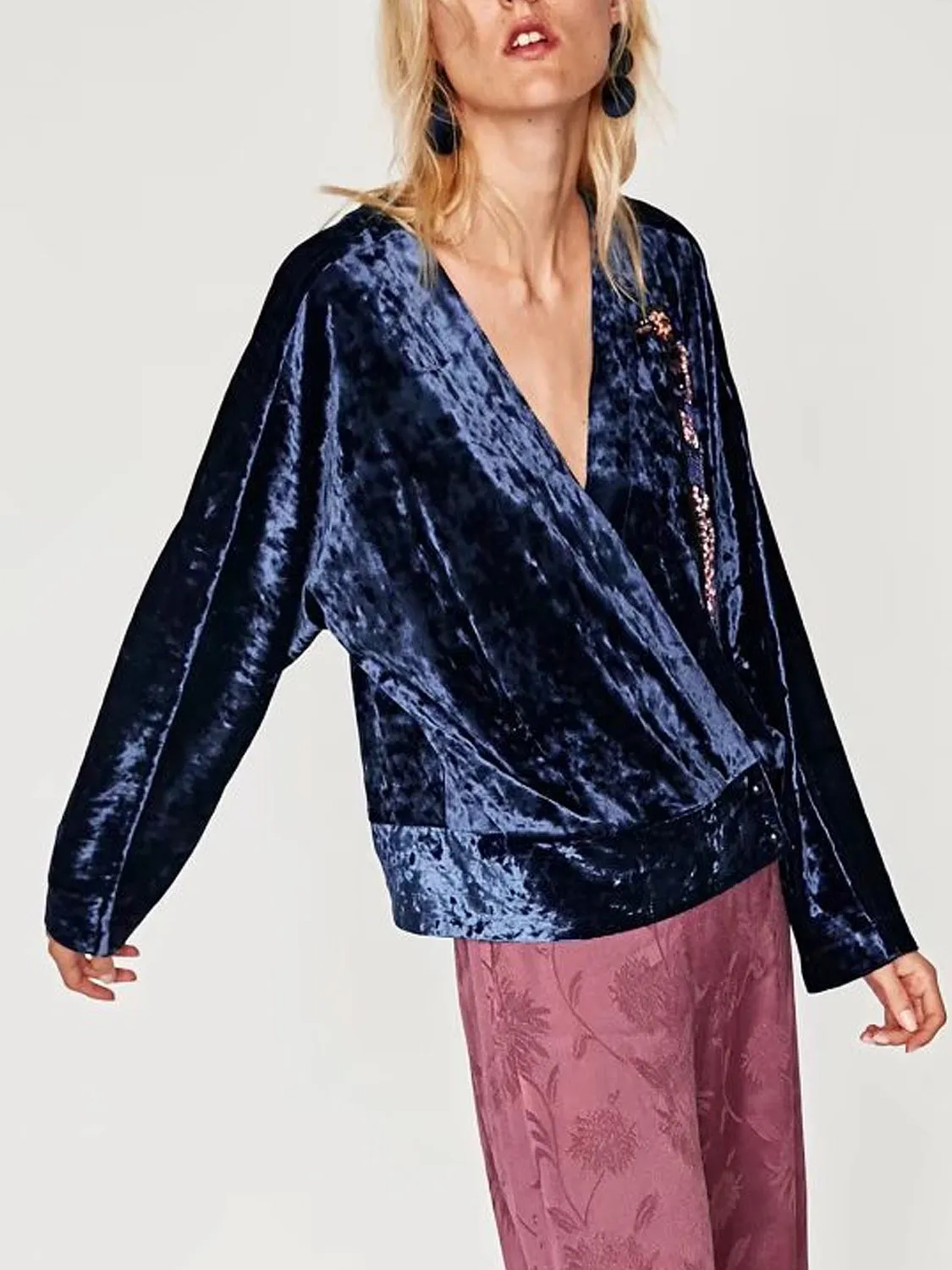 Fashion Bird Patch Sequin Long Sleeve Coat font b Women b font Blue Velvet V neck