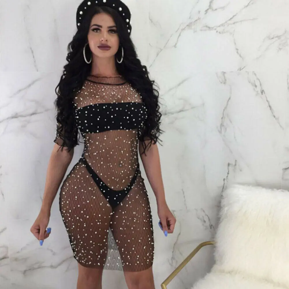 

Summer Sexy Women Bathing Suit Cover-Ups Mesh Sequin Beading Bikini Cover Up Swimwear See-through Beach Dress Sundress Costume