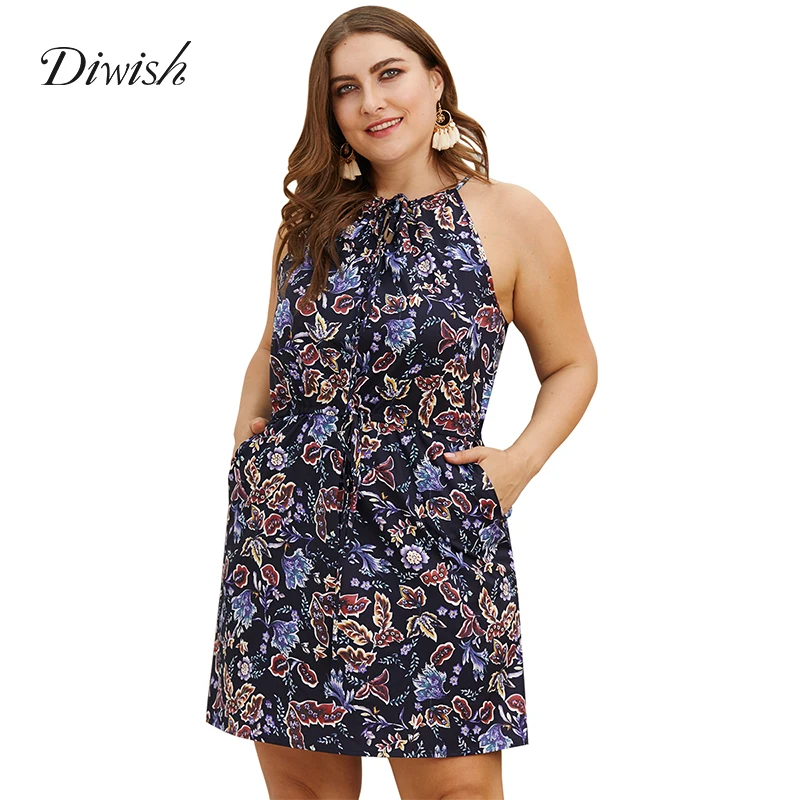 

Diwish Print Short Dress Lace Up Women Mini Dress Spaghetti Strap Women Summer Beach Dress 2019 with Pockets Plus Size XL-4XL