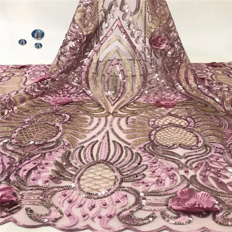 

2019 Latest French Tulle sequins Beaded French Nigerian Lace Fabrics Pearls Embroidered Guipure African 3d Lace Fabric 5 Yards