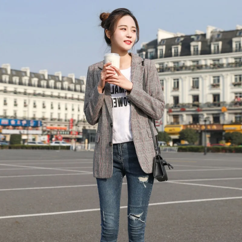 2019 Autumn and Winter New Women Blazers Fashion Casual British Style Blazer Feminino Plus Size 3XL Single Breasted Notched 90s