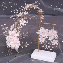 FORSEVEN, новинка, розовые женские свадебные головные уборы для невесты, набор, Кристальные бусины, лента для волос, длинные кисточки, цветок, висячие серьги