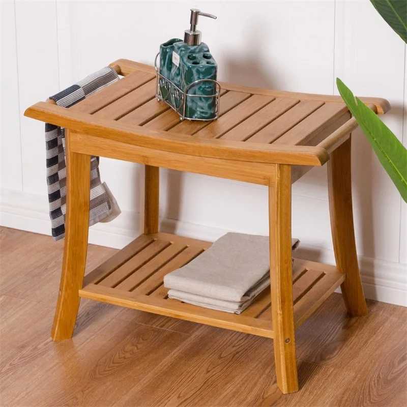 

Rectangular Bamboo Bathroom Stool with Storage Shelf Shower Chair Seat Bench Spa Bath Organizer Stool HW55998