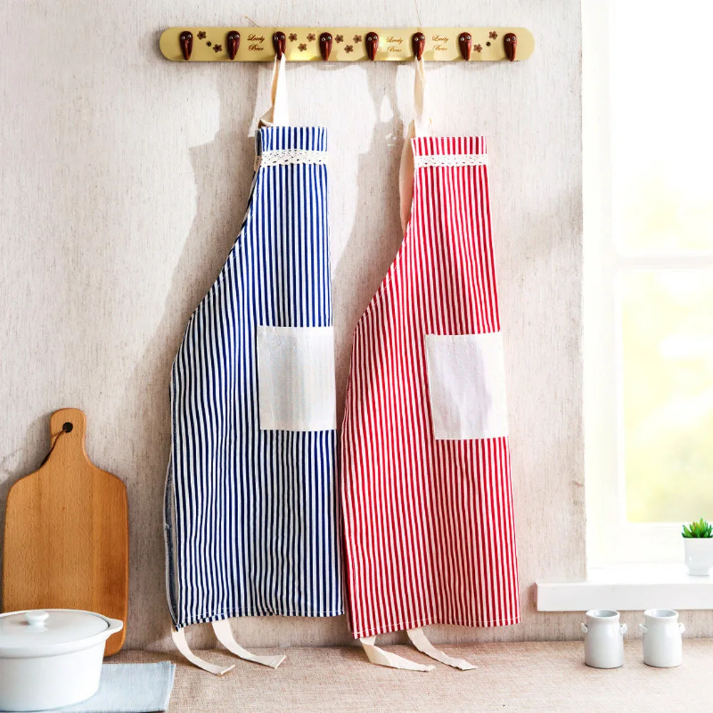 Women's Linen Stripe Apron Kitchen Baking Ware Bib Apron With Big