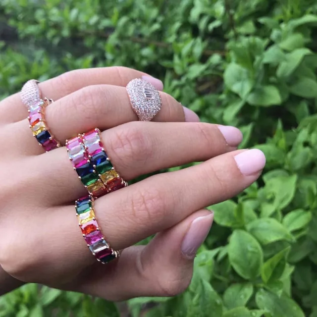 2019 rainbow baguette cubic zirconia cz Gold filled engagement band ring for women USA hot selling drop shipping female jewelry