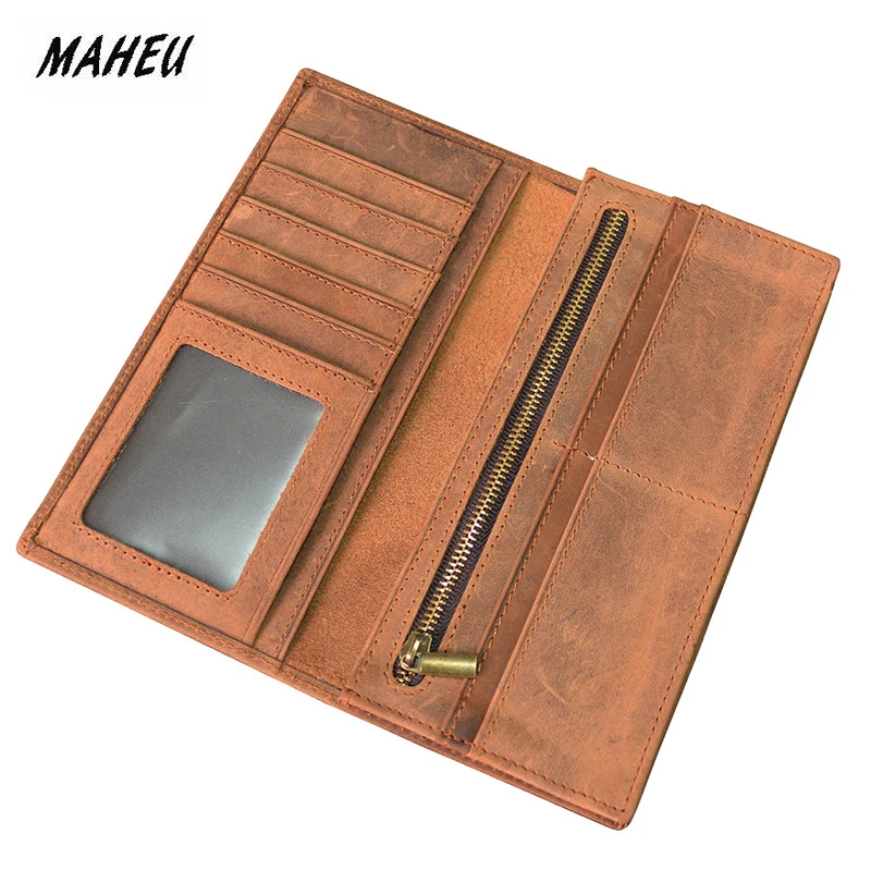 

MAHEU Fashion Vintage Men Women Long Purse Wallet Credit Card Inner Zip Wallets Bifold Crazy Horse Long Wallet Male Female Purse