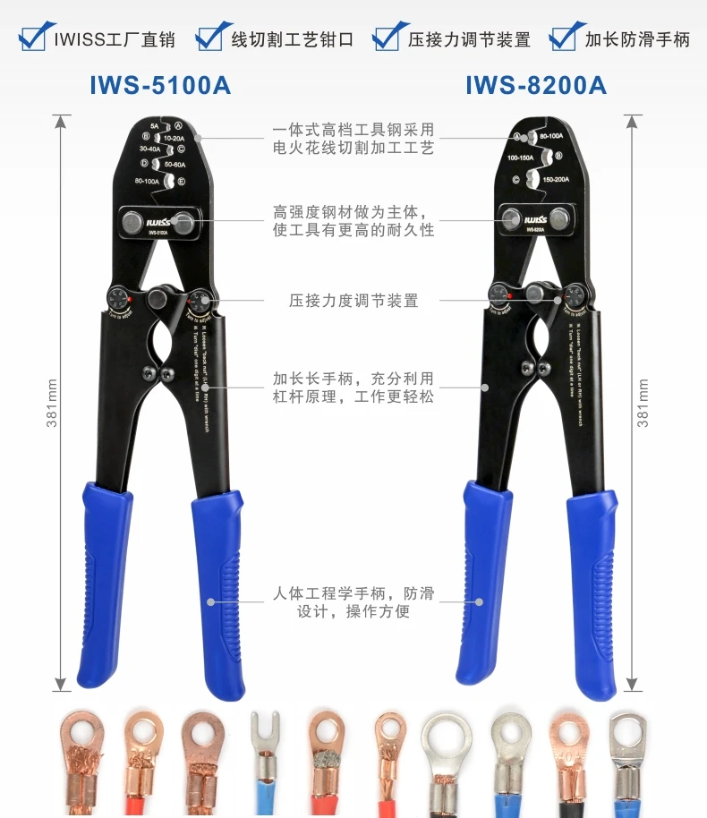 IWISS Crimping Plier Tools U Type Terminal Crimping Plier for Crimp 5A to 100A 