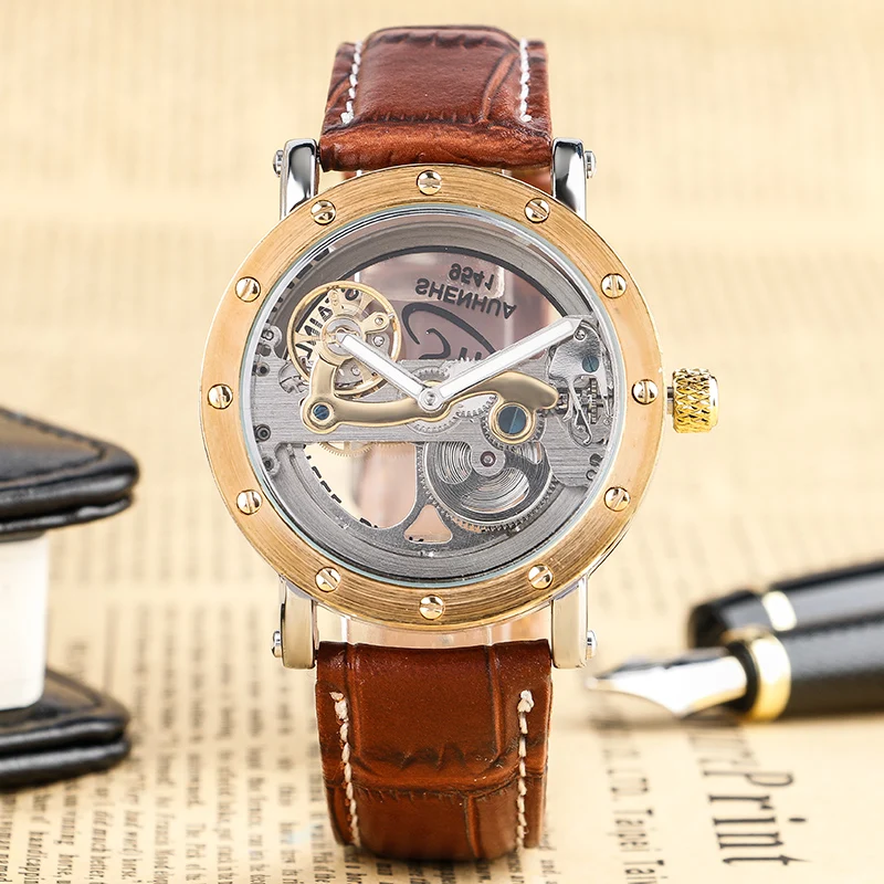 

Men Mechanical Wristwatch Automatic Self-Wind Brown Genuine Leather Band Hollow Transparent Dial Fashion Cool Male Retro Clock
