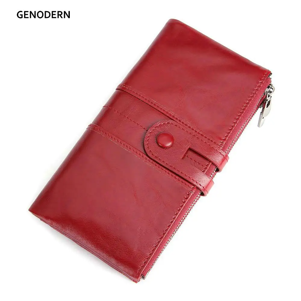 Comprar GENODERN RFID billeteras de cuero genuino para mujer monedero para dama cartera larga con cremallera monedero para mujer cerrojo para teléfono