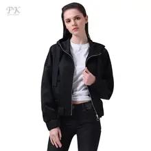 PK женская куртка на молнин с длинными рукавами объёмная чёрная короткая куртка балахон с капюшоном Весна