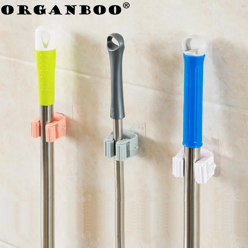 

ORGANBOO 1PC Bathroom self adhesive wall mop clip holder bathroom storage hook mop organizer 3 colors choose