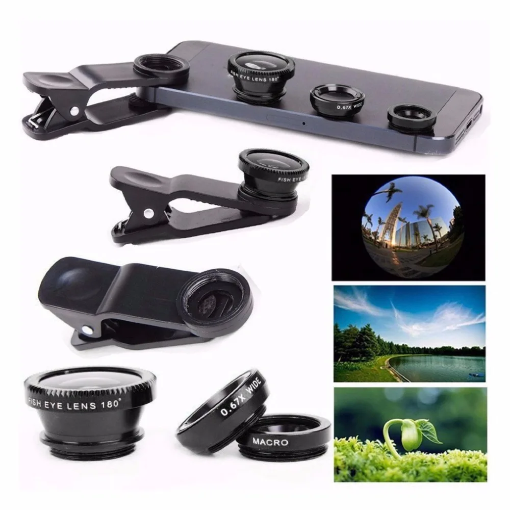 Phone Lens 360 Degree Rotate Shark Tail Shaped Clip Photo Camera Lens Kits 180 Degree Fish Lens 0.65X Wide Angle 10X Macro Lens