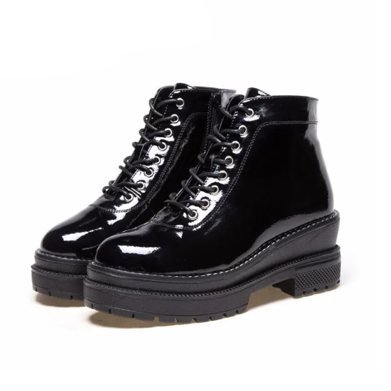 

Plus Size Black Ankle Boots Women 6cm High Heels Leather Shoes Woman Winter Autumn Flat Platform Boots Women Fashion Shoes 35-40