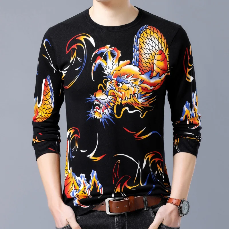 Свитер с принтом дракона Erkek Kazak, белый, желтый, черный, свитер для мужчин, Модный пуловер, приталенный, Pull Homme Chompas Hombre 2019, одежда