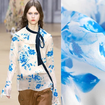 

140CM Wide 10MM Blue and White Porcelain Print Thin Silk Chiffon Fabric for Summer one-piece dress Shirt Clothes E768