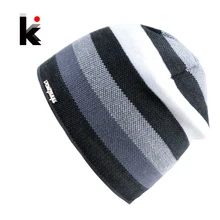 2017 Men’s Skullies Hat Bonnet Winter Beanie Knitted Wool Hat Plus Velvet Cap Thicker Stripe Skis Sports Beanies Hats for men