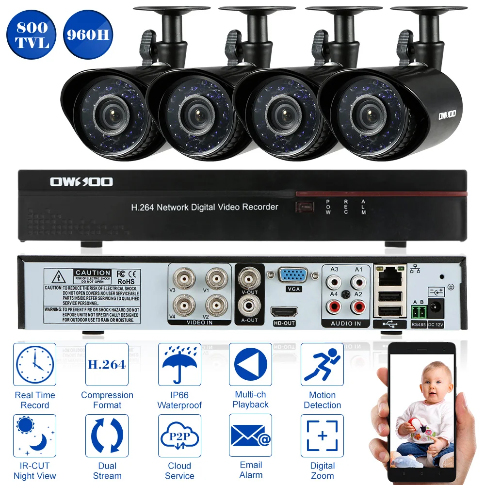 OWSOO 800TVL камера безопасности система полный 960 H/D1 4CH DVR Открытый P2P HDMI DVR 4* водонепроницаемый набор камеры видеонаблюдения Видеонаблюдение