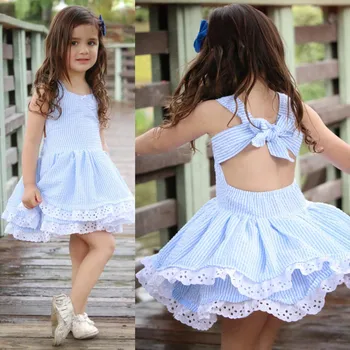 

Toddler Kids Baby Girl Summer Clothes Stripe Lace Party Pageant Princess Dresses Sleeveless Belt Summer