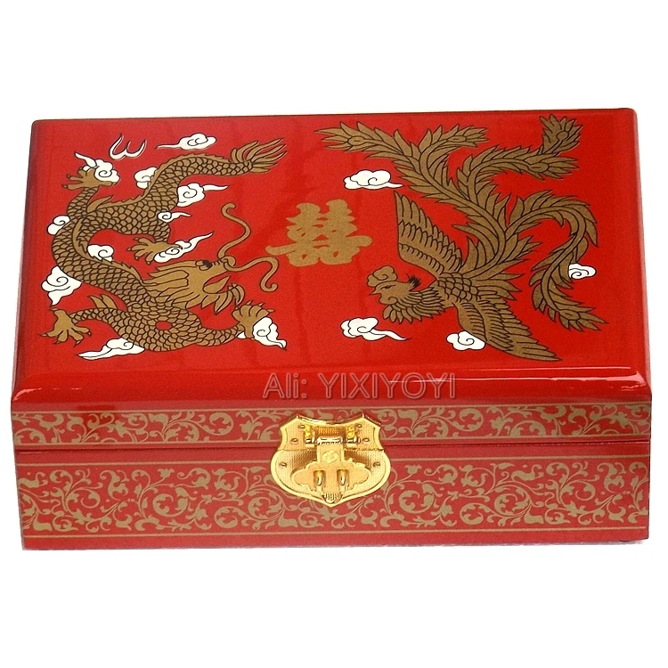 

Ancient Chinese Handwork Wood 2 Layer Dragon Phoenix Storage Box with Mirror Gorgeous Jewelry Display Box Carrying Case