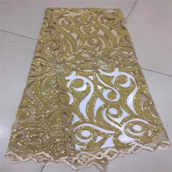 

French Net Lace Fabric 2019 Latest African Guipure Lace Fabric with Embroidery Mesh Tulle Gold Velvet Sequins Lace Fabric