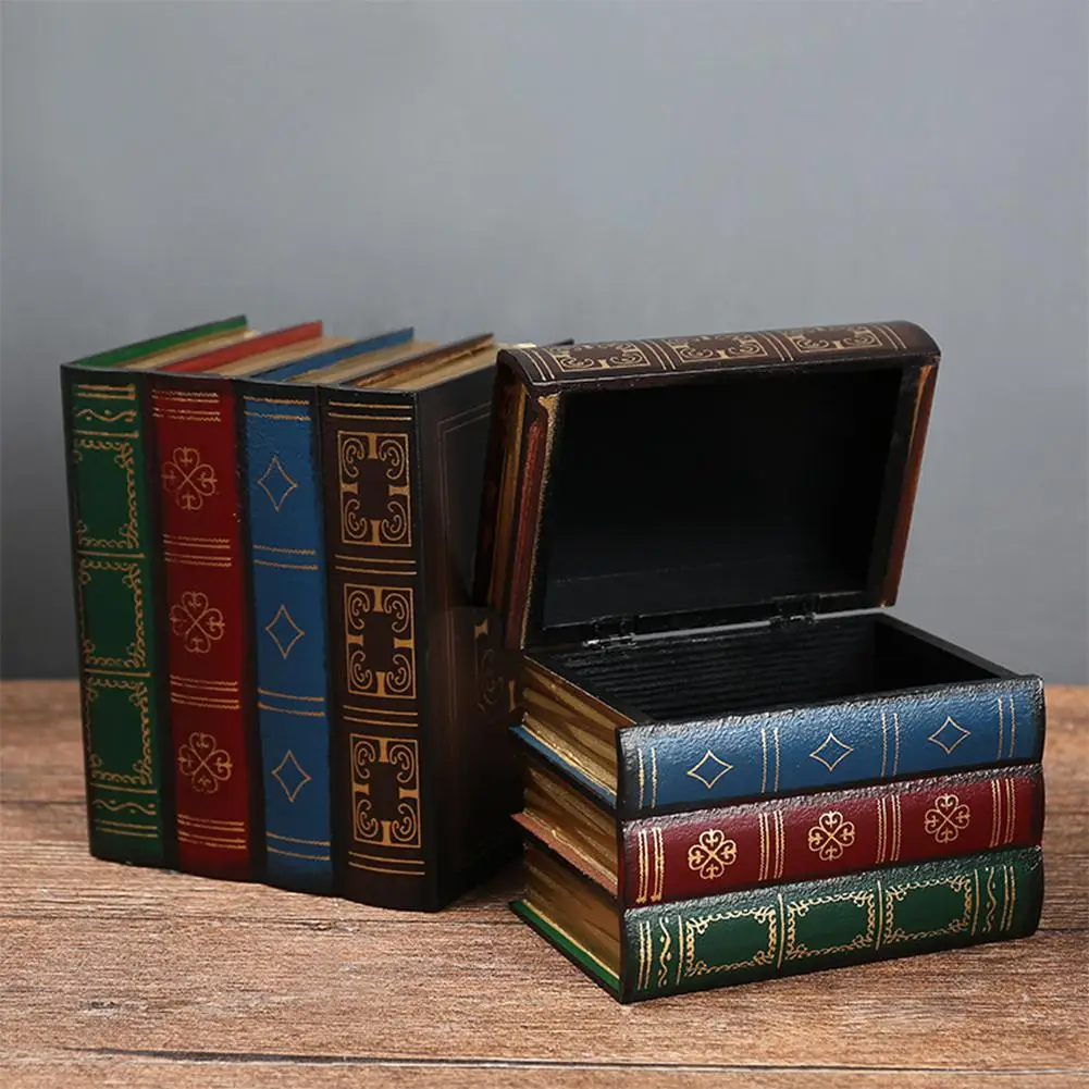

Retro Wooden Fake Book Shape Storage Box Office Ornament Photo Prop Jewel Case