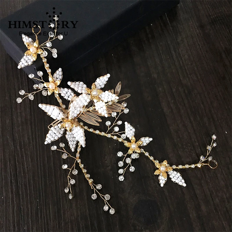 

HIMSTORY Bohemian Pearl Rhinestone Hair Tiara Gold Flower Leaf Headband Hair Vine Handmade Prom Party Wedding Hair Accessories