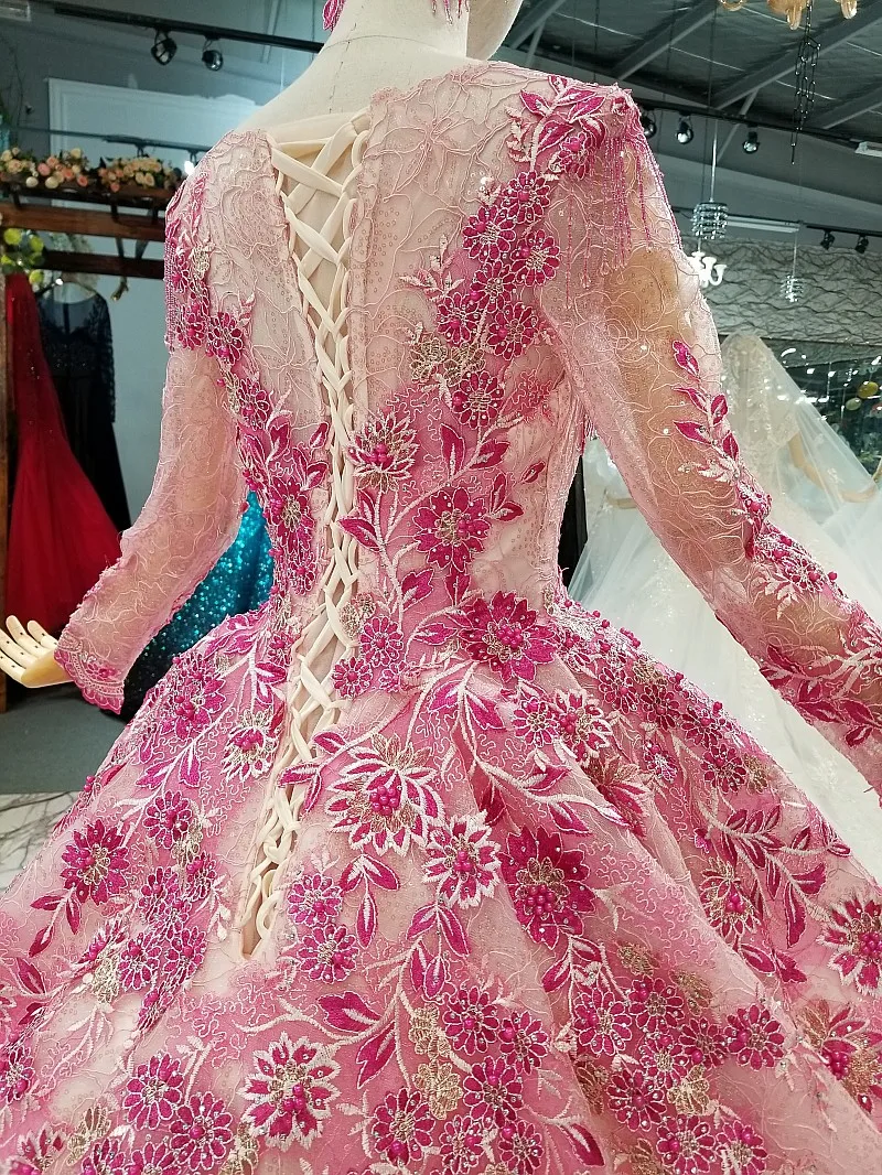 LS66880 muslim colorful cheap evening dress long sleeves o-neck pink flowers ball gown beauty girls pageant dress with headwear