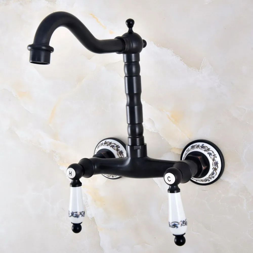 Kitchen Wet Bar Bathroom Vessel Sink Faucet Black Oil Rubbed Brass Wall Mounted Swivel Spout Mixer Tap Dual Ceramic Lever mnf830